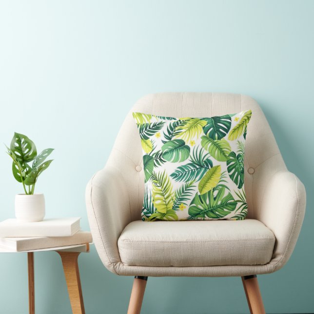 Tropical Leaf Story – Monstera & Banana Leaf  Throw Pillow (Chair)