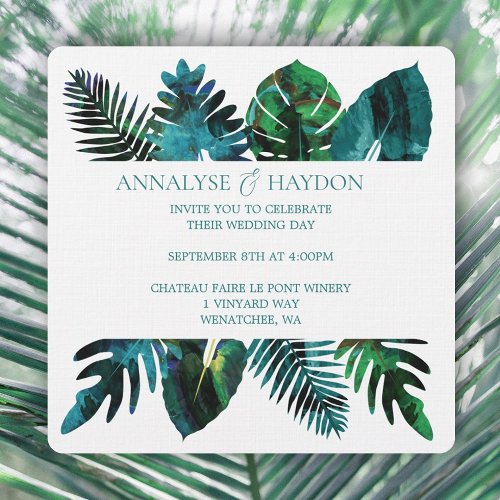 Tropical Leaf Teal Green Monstera Leaves Wedding Invitation