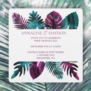 Tropical Leaf, Teal, Wild Berry Pink Wedding Invitation