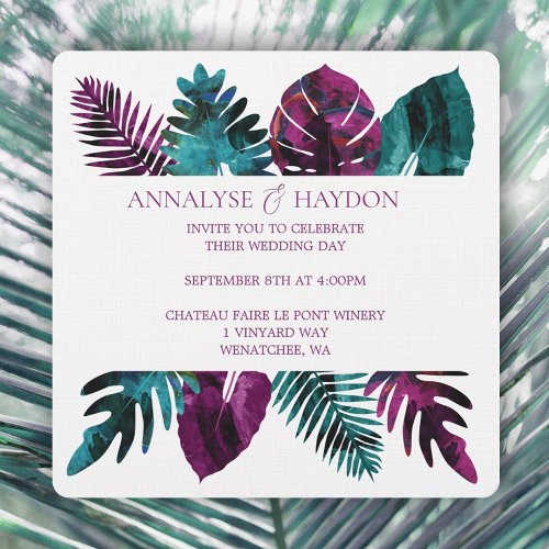 Tropical Leaf Teal Wild Berry Pink Wedding Invitation