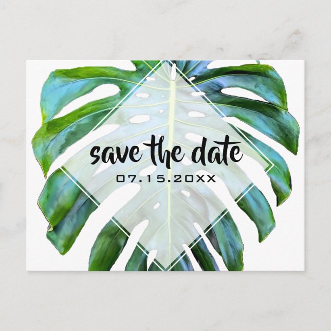 Tropical Leaf Trendy Greenery Save the Date Announcement Postcard (Front)