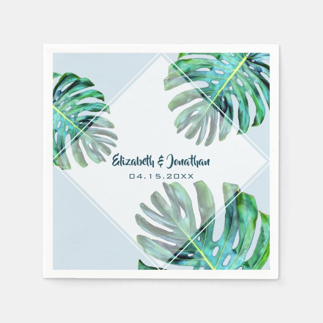 Tropical Leaf Trendy Modern Greenery Blue Wedding Napkins (Front)