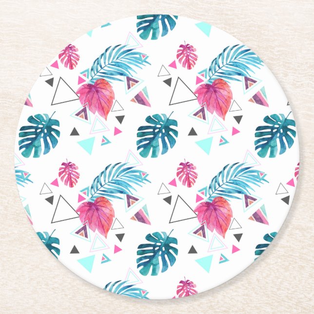 Tropical Leaf Triangle Pattern Round Paper Coaster (Front)