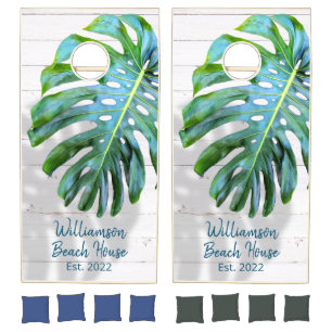Tropical Leaf w Shadow Rustic White Wood Name Year Cornhole Set