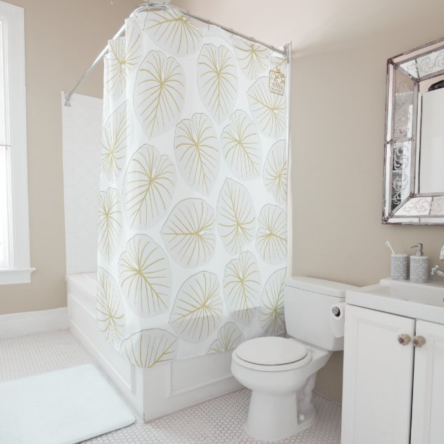 Tropical Leaf White Gold Designer Shower Curtain (In Situ)