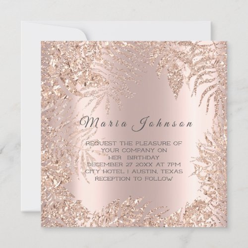 Tropical Leafs Glitter Frame Blush Rose Gold Invitation