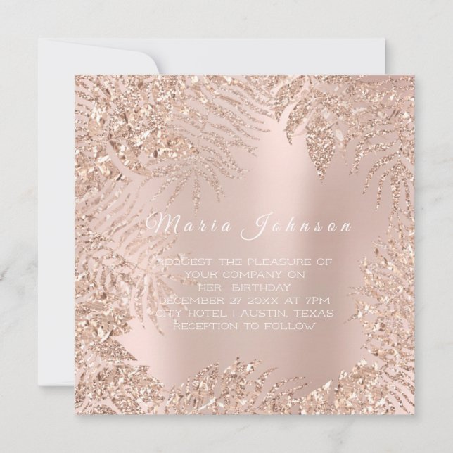 Tropical Leafs Glitter Garden Blush Rose Pink Invitation (Front)