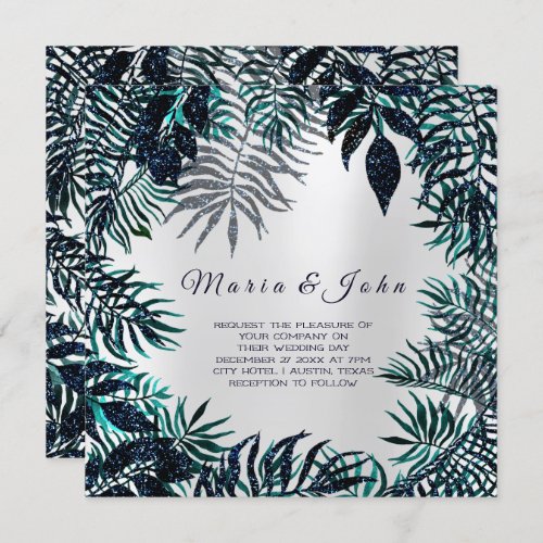 Tropical Leafs Glitter Garden Florals Teal Gray Invitation