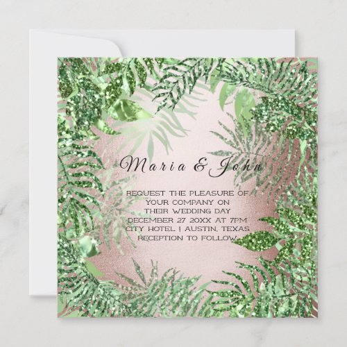 Tropical Leafs Glitter Garden Rose Gold Mint Green Invitation