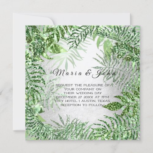 Tropical Leafs Glitter Garden Rose Mint Green Gray Invitation