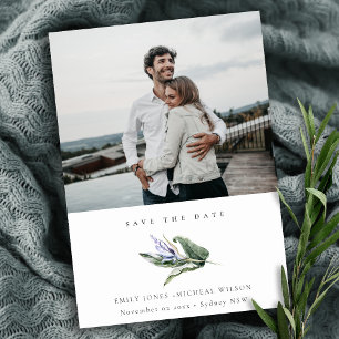 Tropical Leafy Blue Floral Photo Save The Date Invitation