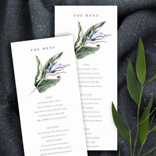Tropical Leafy Blue Floral Wedding Menu Card