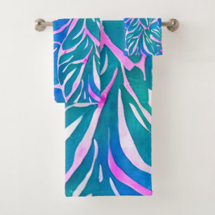 Tropical Leafy Blue Pink Pattern Bath Towel Set