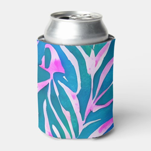 Tropical Leafy Blue Pink Pattern Can Cooler