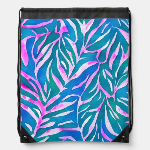 Tropical Leafy Blue Pink Pattern  Drawstring Bag