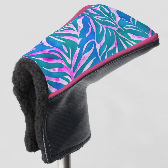 Tropical Leafy Blue Pink Pattern  Golf Head Cover (3/4 Front)