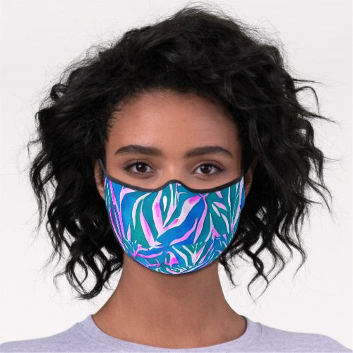 Tropical Leafy Blue Pink Pattern  Premium Face Mask