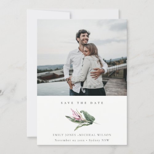 Tropical Leafy Pink Floral Photo Save The Date Invitation