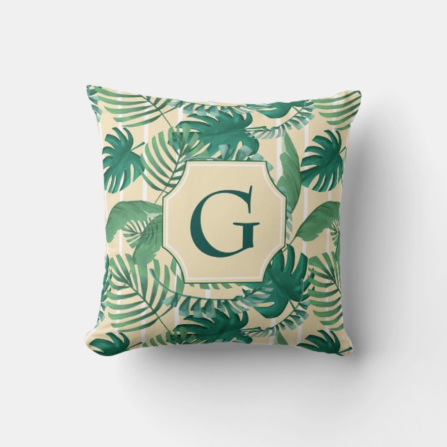 Tropical Leafy Print Monogram Pillow (Front)