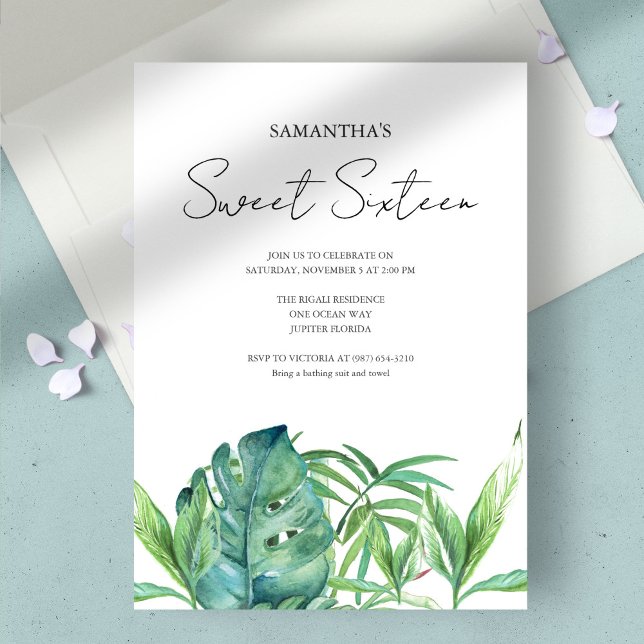 Tropical Leaves 16th Birthday Watercolor Invitation (birthday party sweet 16 tropical luau green monstera palm leaves)