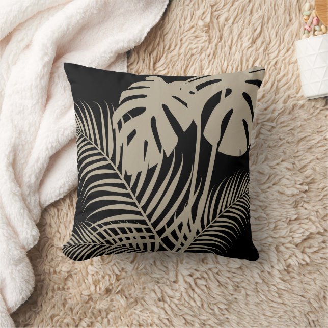 Tropical Leaves 1 Tan on Black Throw Pillow (Blanket)