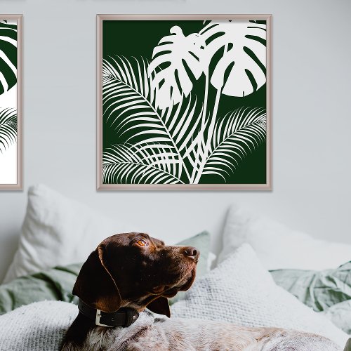 Tropical Leaves 1 White on Dark Green Art Print