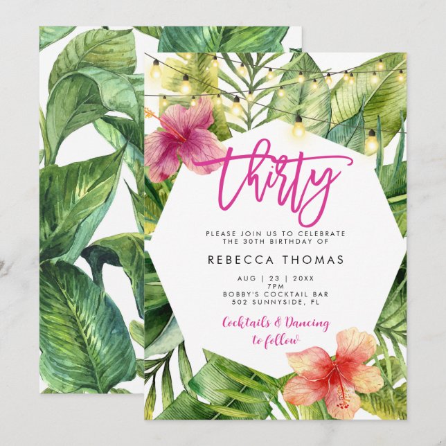 Tropical leaves 30th birthday party invitation (Front/Back)