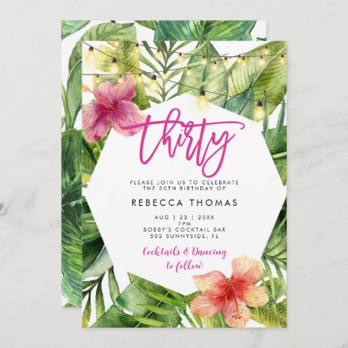 Tropical leaves 30th birthday party invitation
