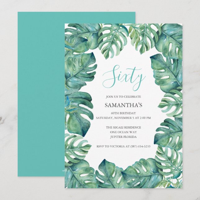 Tropical Leaves 60TH Birthday Invitations Printing (Front/Back)