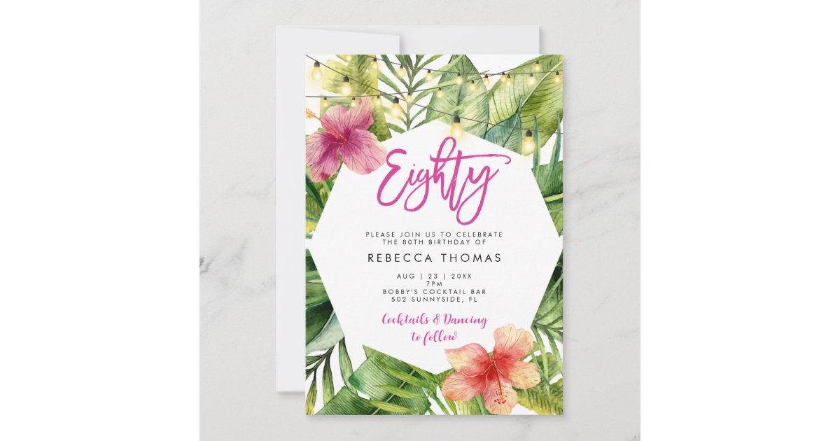 Tropical leaves 80th birthday party invitation | Zazzle