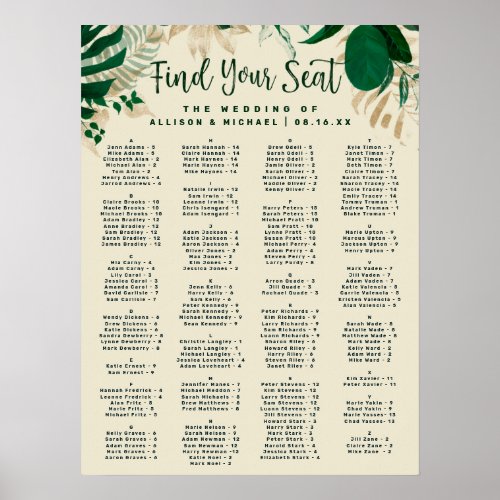 Tropical Leaves Alphabetical Wedding Seating Chart