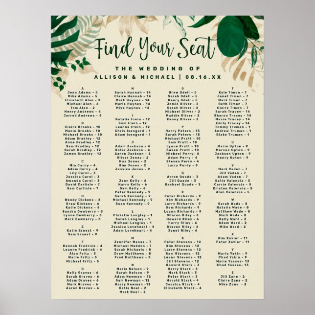 Tropical Leaves Alphabetical Wedding Seating Chart (Front)