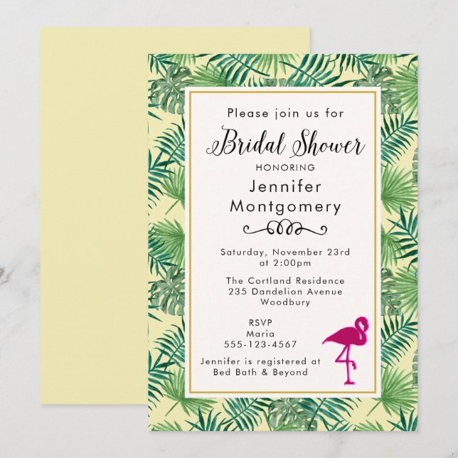 Tropical Leaves and a Pink Flamingo Bridal Shower Invitation (Front/Back)
