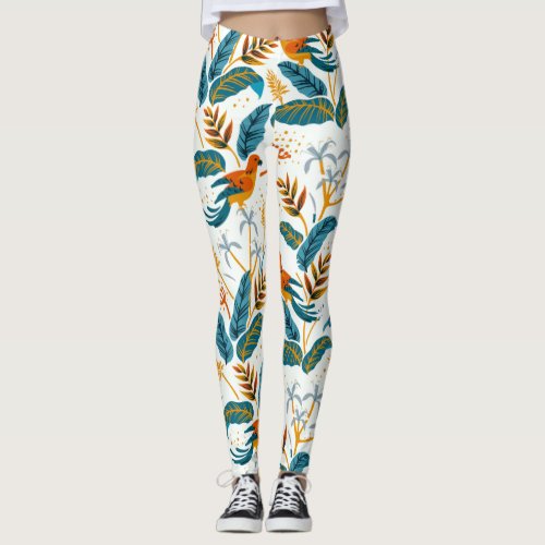 Tropical leaves and birds pattern leggings