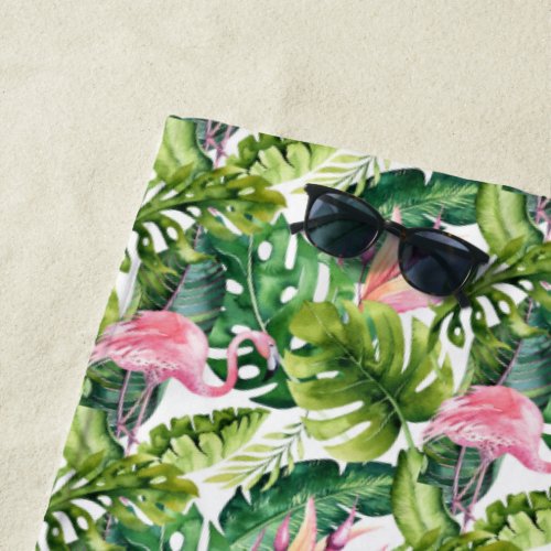 Tropical Leaves and Flamingos Beach Towel