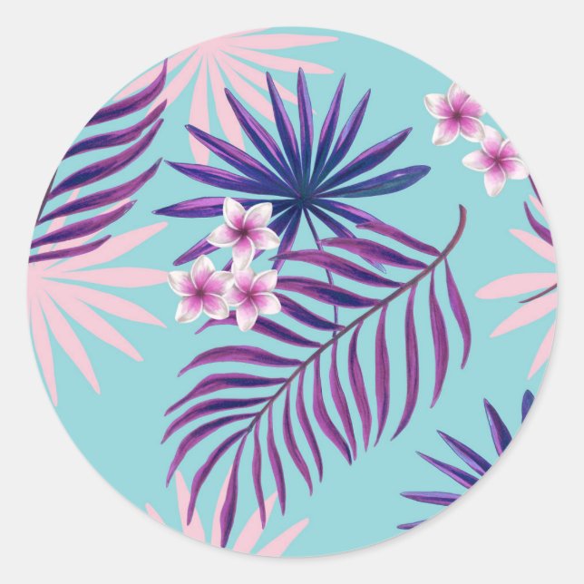 Tropical leaves and flowers 2 classic round sticker (Front)
