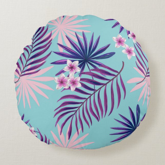 Tropical leaves and flowers 2 round pillow (Front)