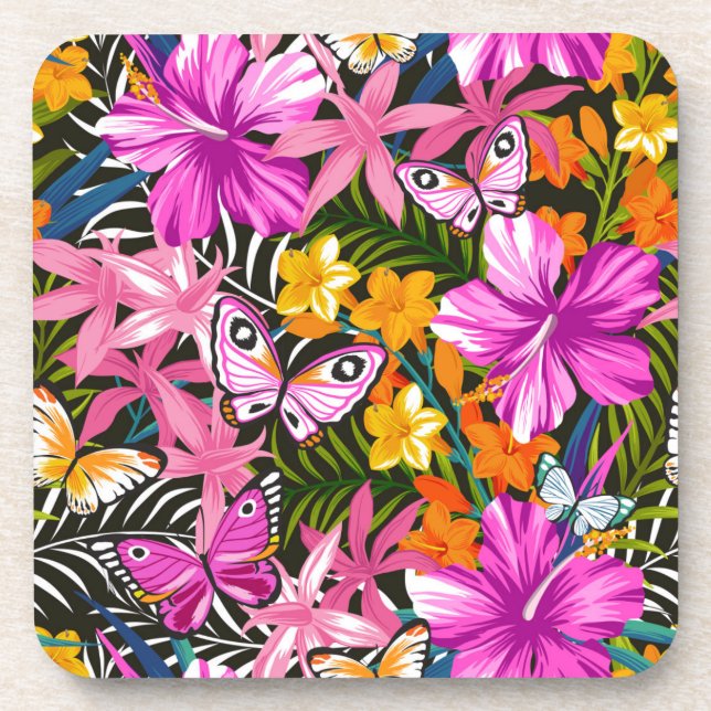 Tropical leaves and flowers beverage coaster (Front)