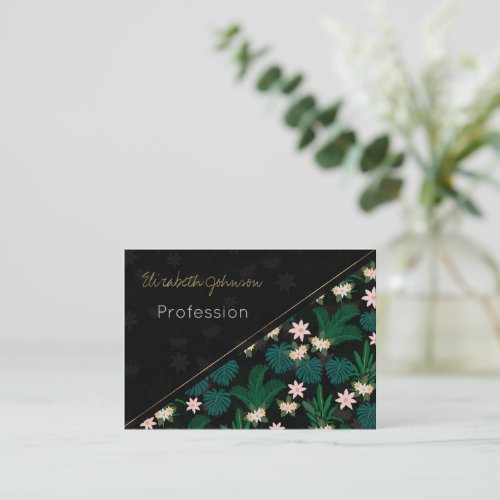 Tropical Leaves and Flowers Black Pattern Business Card