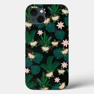 Tropical Leaves and Flowers Black Pattern iPhone 13 Case