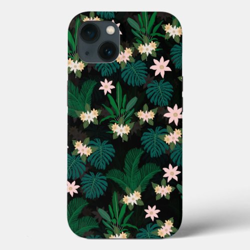 Tropical Leaves and Flowers Black Pattern iPhone 13 Case