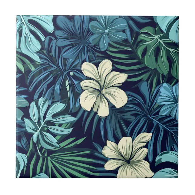 Tropical Leaves and Flowers Blue Green Ceramic Tile (Front)