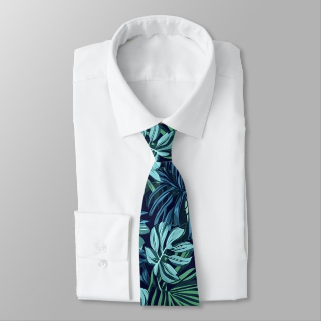 Tropical Leaves and Flowers Blue Green Neck Tie (Tied)