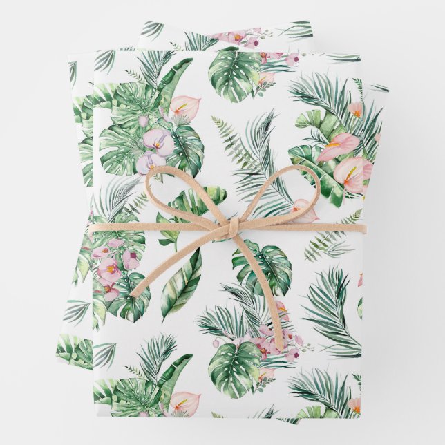 Tropical Leaves and Flowers Botanical   Wrapping Paper Sheets (In situ)