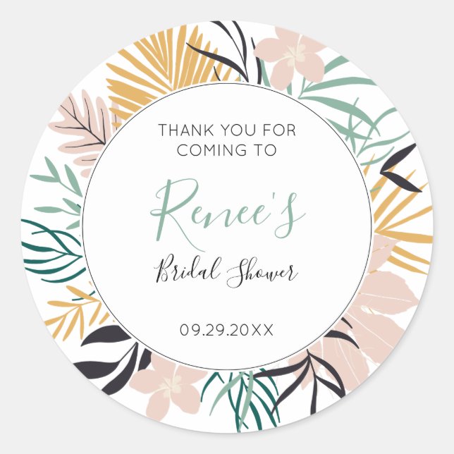 Tropical Leaves and Flowers Bridal Shower Classic Round Sticker (Front)