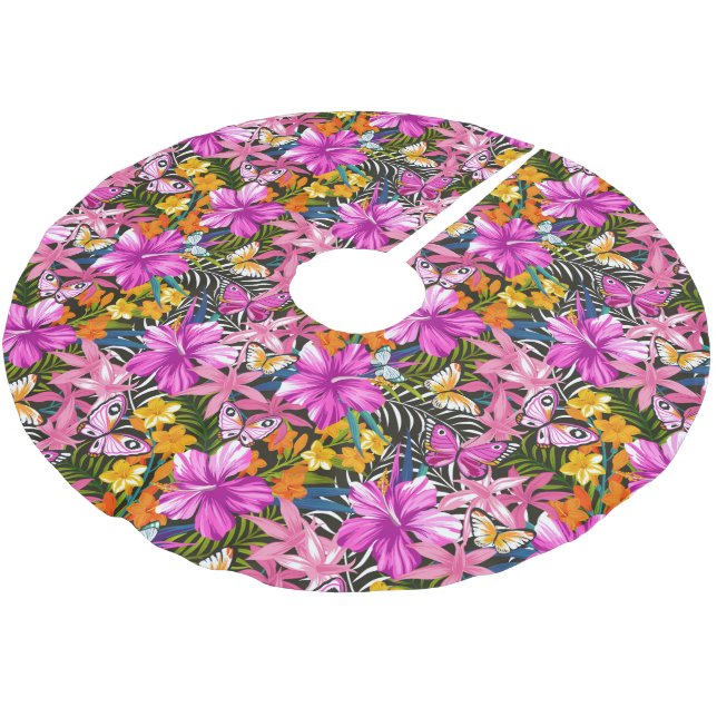 Tropical leaves and flowers brushed polyester tree skirt (Angled)