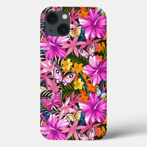Tropical leaves and flowers iPhone 13 case