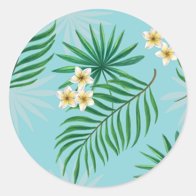 Tropical leaves and flowers classic round sticker (Front)