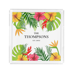 Tropical Leaves and Flowers Custom Last Name Acrylic Tray
