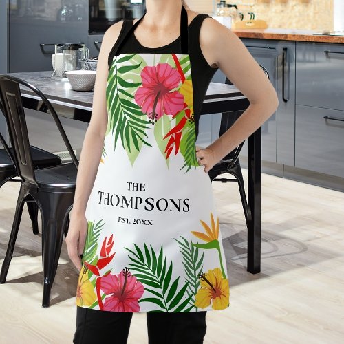 Tropical Leaves and Flowers Custom Last Name Apron